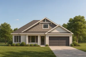 Front view of a Craftsman Ranch style home featuring horizontal lap siding, shingle gables, and a two-car front-entry garage