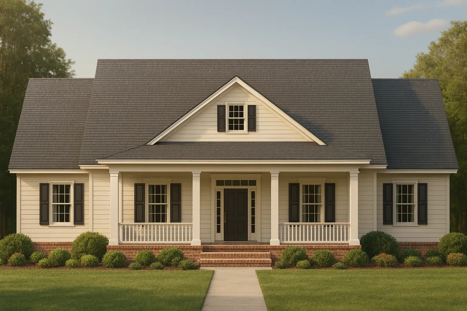 Front elevation of a Southern Farmhouse home with horizontal lap siding, inviting covered porch, and traditional architectural detailing