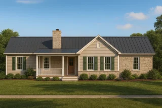Front elevation of a Traditional Ranch style home featuring horizontal siding, stone accents, metal roof, and a welcoming covered porch