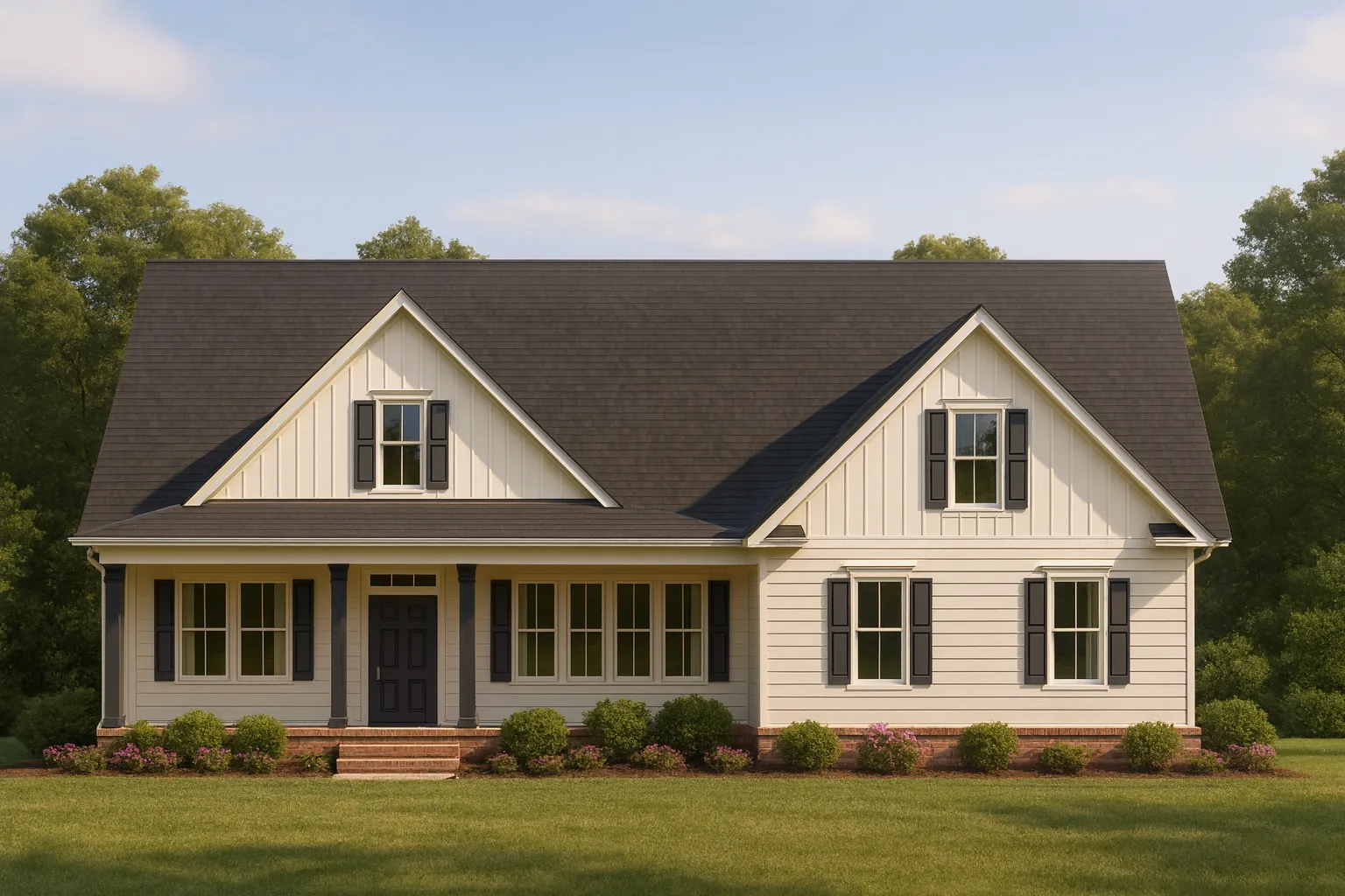 Front elevation of a Modern Farmhouse style home featuring board and batten, horizontal siding, large front porch, and classic symmetrical windows