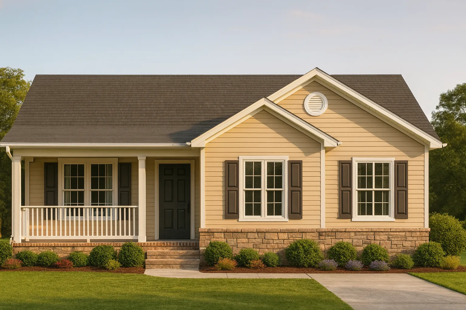 Front view of a Traditional Ranch style home featuring horizontal siding, stone veneer base, covered porch, and classic suburban detailing