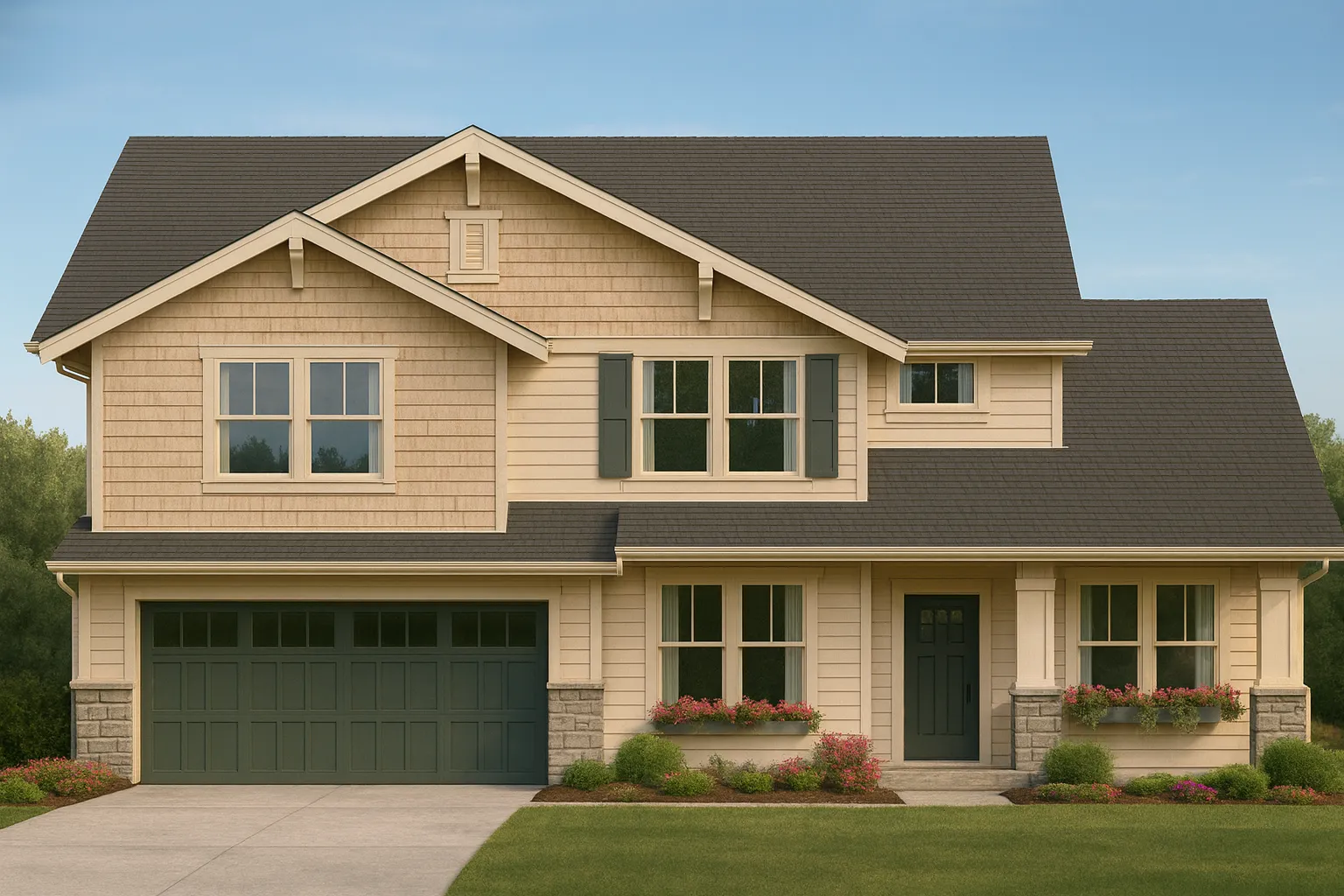 Front elevation of a Traditional Craftsman home featuring shingle siding, horizontal lap siding, stone accents, and a welcoming covered porch entry