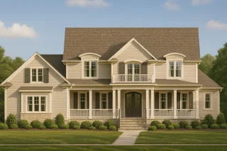 Front elevation of a Traditional Colonial and New American style home featuring horizontal siding, stone accents, and a symmetrical façade