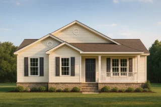 House Plans with Screened-In Porch 14 Front elevation of a Traditional Ranch style house featuring horizontal siding, stone wainscot base, symmetrical façade, and covered porch