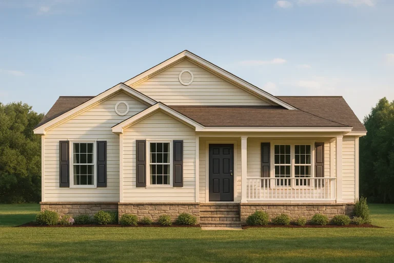 Front elevation of a Traditional Ranch style house featuring horizontal siding, stone wainscot base, symmetrical façade, and covered porch