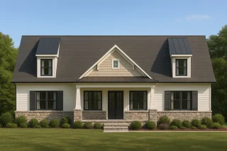 House Plans with Screened-In Porch 11 Front elevation of a Traditional Farmhouse with stone base, board and batten siding, gable dormers, and symmetrical windows