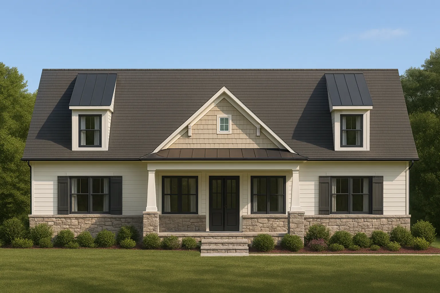 House Plans with Functional Layout 9 Front elevation of a Traditional Farmhouse with stone base, board and batten siding, gable dormers, and symmetrical windows