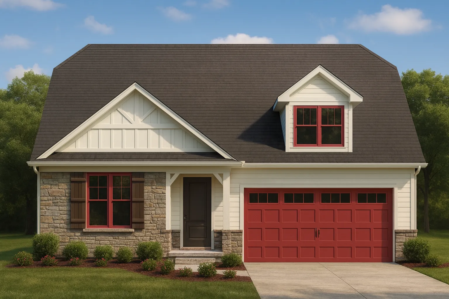 Front elevation of a Craftsman Cottage style home featuring board and batten, horizontal siding, stone accents, and a red garage door