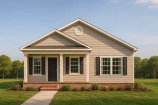 Front elevation of a Traditional Suburban Cottage style home featuring horizontal siding, brick foundation, symmetrical windows, and a welcoming covered entry