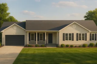 House Plans with Screened-In Porch 3 Front elevation of a Traditional Ranch style home featuring horizontal siding, dark shutters, covered front porch, and attached garage