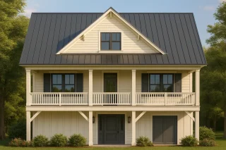 Front elevation of a Modern Farmhouse coastal-style home featuring board and batten siding, shingle accents, metal roof, and a full-width porch