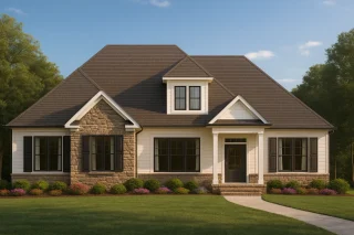 Front elevation of a Modern Farmhouse Ranch style home featuring board and batten siding, horizontal lap siding, stone accents, dark shutters, and a welcoming covered entry