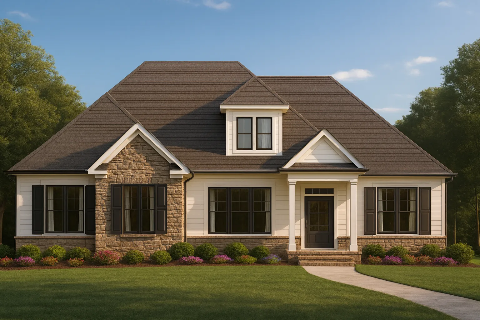 Front elevation of a Modern Farmhouse Ranch style home featuring board and batten siding, horizontal lap siding, stone accents, dark shutters, and a welcoming covered entry
