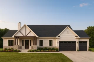 Front elevation of a modern farmhouse ranch home with board and batten siding, stone accents, and a covered porch