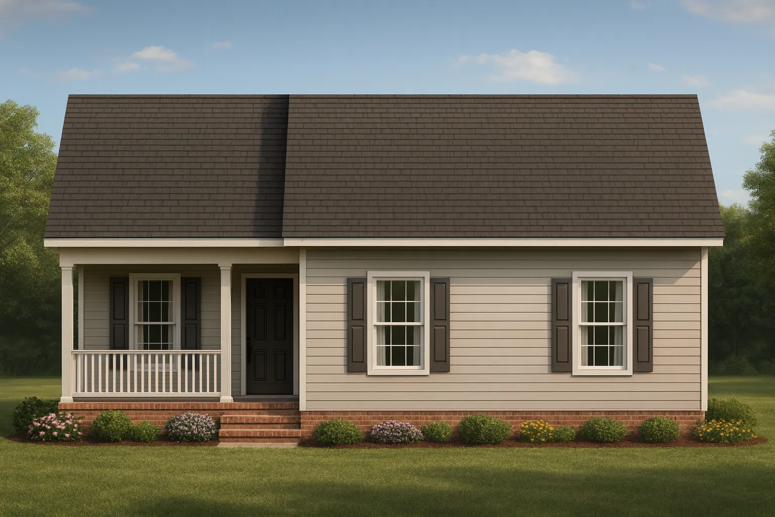 Front elevation of a Traditional Cottage Ranch style home featuring horizontal siding, brick foundation, and a small covered porch entry