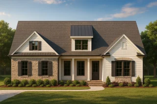 House Plans with Screened-In Porch 3 Front view of a Modern Farmhouse style home featuring brick, horizontal siding, board and batten, and a welcoming covered porch