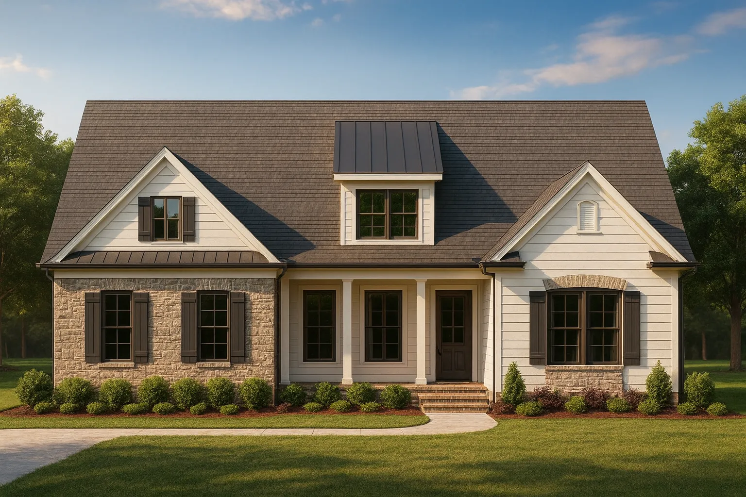 Front view of a Modern Farmhouse style home featuring brick, horizontal siding, board and batten, and a welcoming covered porch