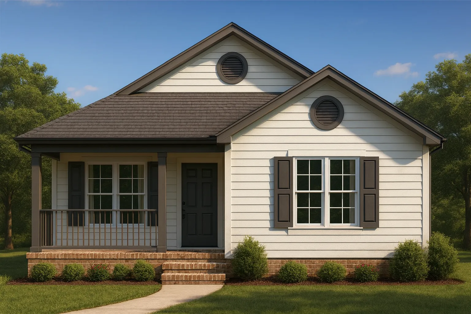 Front view of a Traditional Cottage style home featuring horizontal siding, brick foundation, symmetrical façade, and a welcoming covered porch