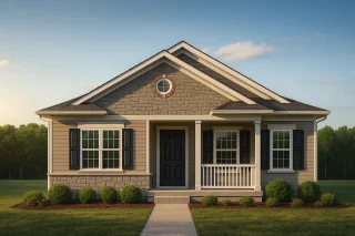 Front view of a Traditional Ranch style home with stone veneer, horizontal lap siding, black shutters, and a covered porch entry under symmetrical front gables