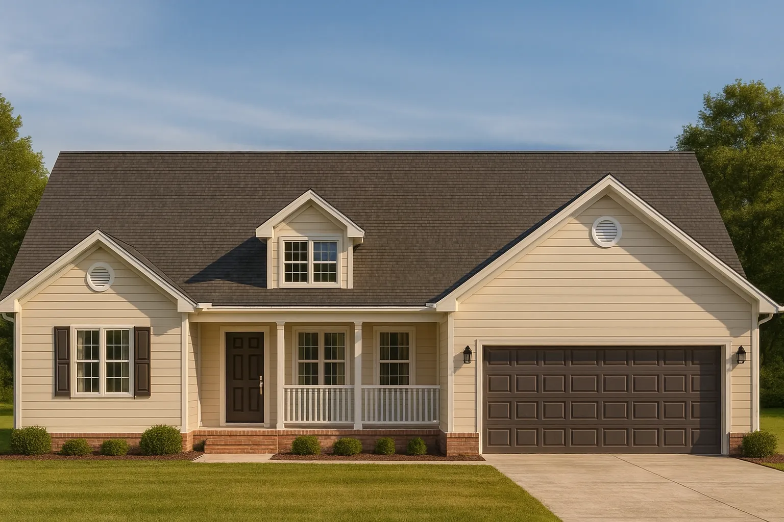 Front view of a Traditional Ranch suburban home with horizontal lap siding, brick foundation accents, covered front porch, dormer window, and attached 2-car garage