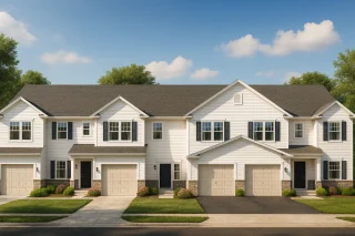 Front elevation of a Traditional Suburban style townhome featuring horizontal siding, stone accents, shuttered windows, and gabled rooflines