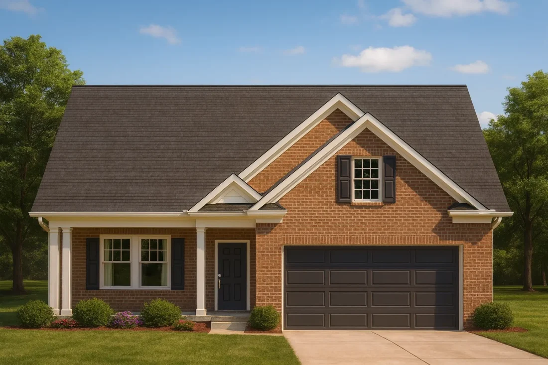 Front elevation of a Traditional Suburban ranch-style home featuring full brick exterior, gabled roof, covered porch, and two-car garage