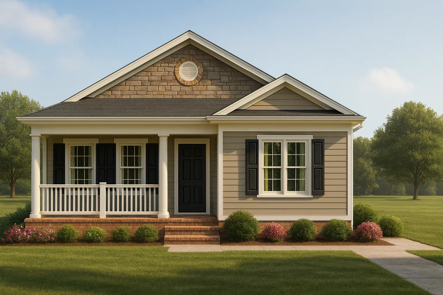 Front elevation of a Traditional Cottage style home featuring horizontal siding, shingle gable accent, black shutters, and a welcoming covered porch