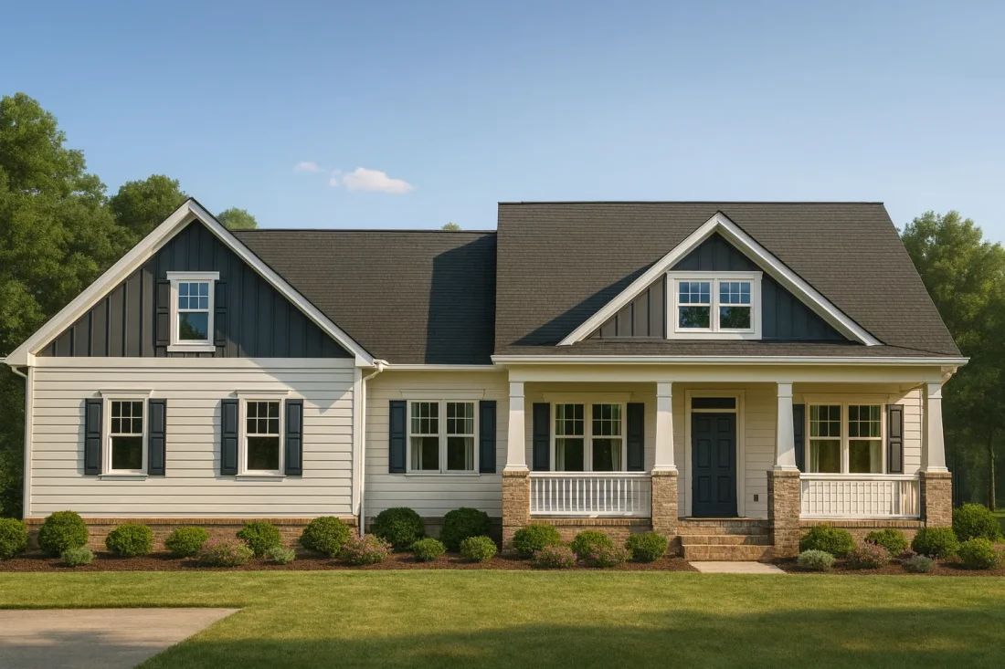 Front elevation of a Modern Farmhouse Craftsman style home featuring board and batten, lap siding, and brick porch bases