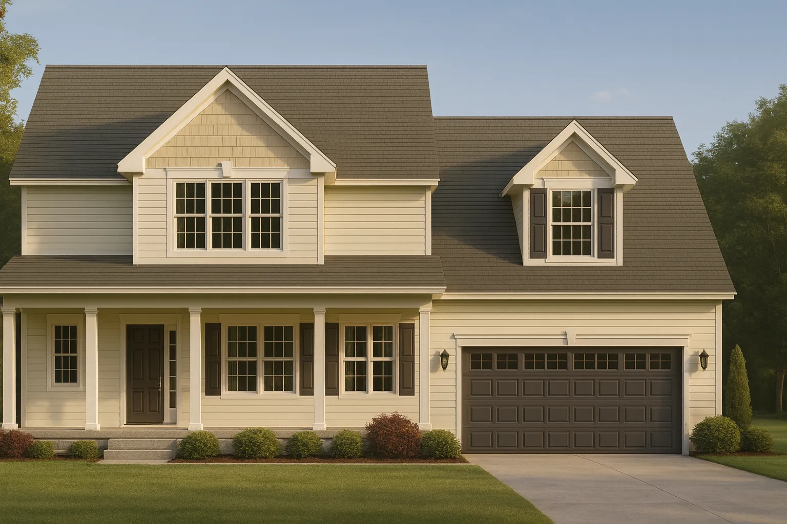 Front elevation of a Traditional Suburban home featuring Neo-Colonial elements, horizontal lap siding, symmetrical windows, and a welcoming covered porch