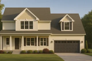 Front elevation of a Traditional Suburban New American style home with horizontal lap siding, shake gable accents, large windows, and a covered front porch