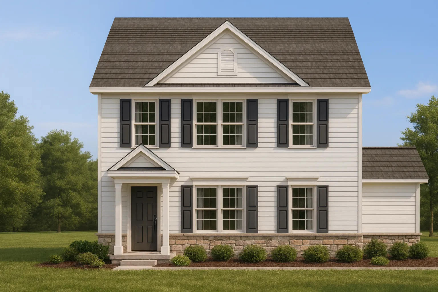 Front elevation of a Traditional Colonial style home featuring horizontal siding, stone base, black shutters, and a symmetrical façade