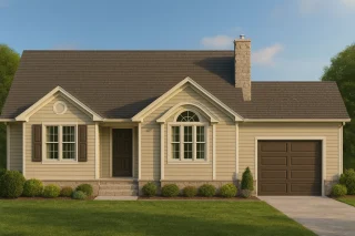 Front elevation of a Traditional Suburban style home featuring horizontal lap siding, stone chimney, symmetrical façade, and a 1-car front-entry garage
