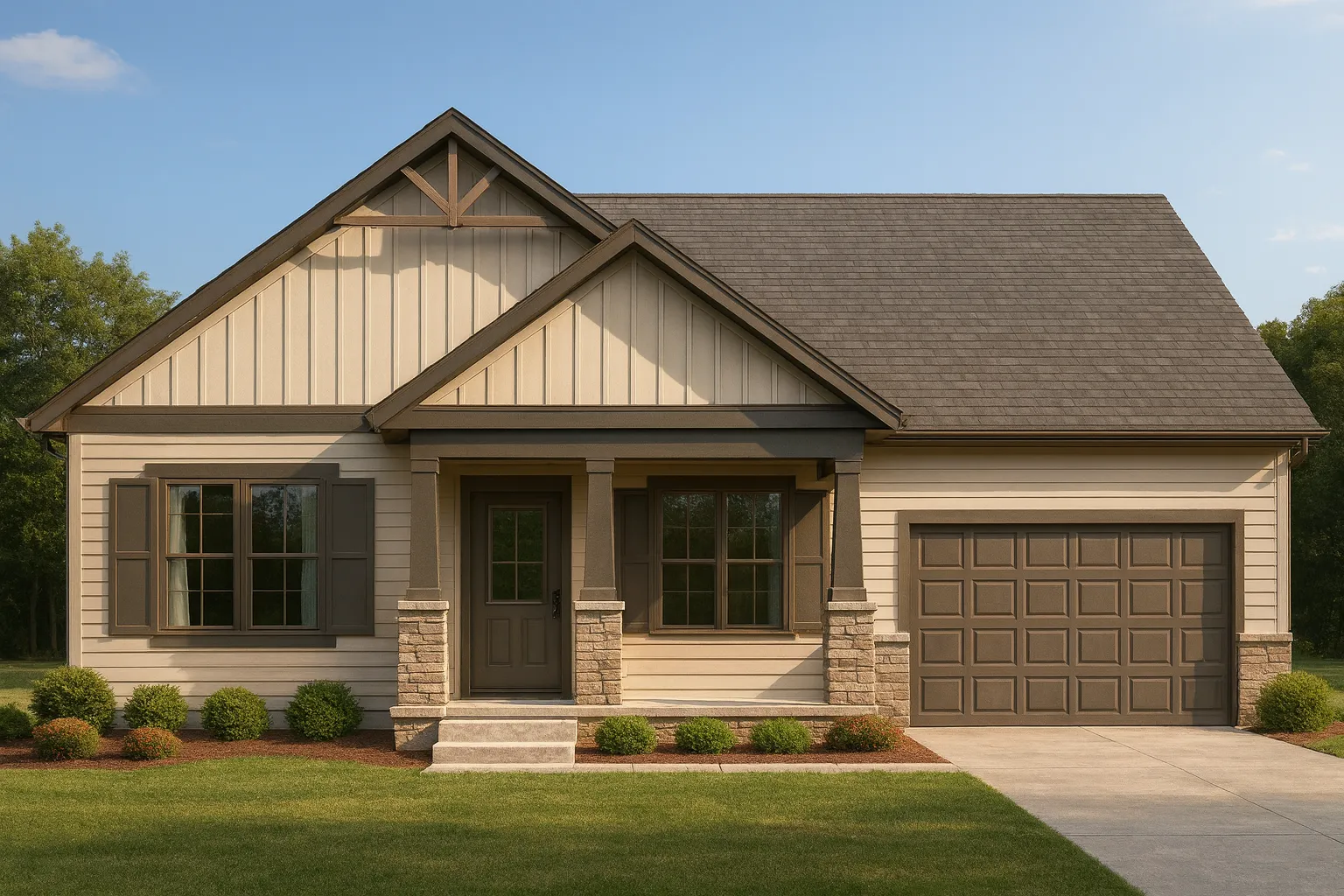 Open Floor Plan House Designs 11 Front view of a Traditional Craftsman Ranch style home with board and batten, horizontal siding, stone accents, and a welcoming covered porch