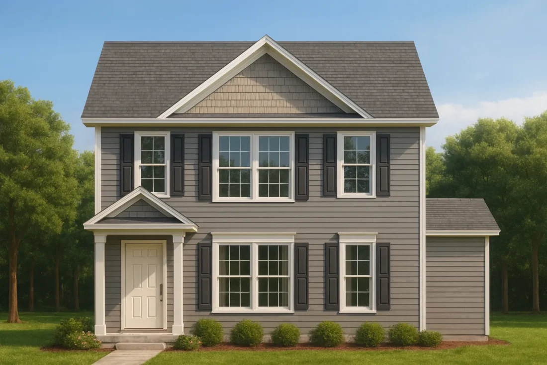Front elevation of a Traditional Colonial style home featuring gray horizontal siding, shingle gable accent, black shutters, and a covered entry