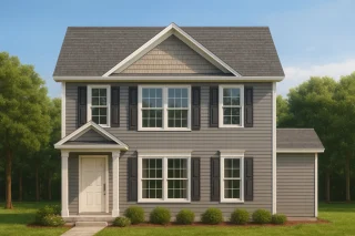 Front elevation of a Traditional Colonial style home featuring gray horizontal siding, shingle gable accent, black shutters, and a covered entry