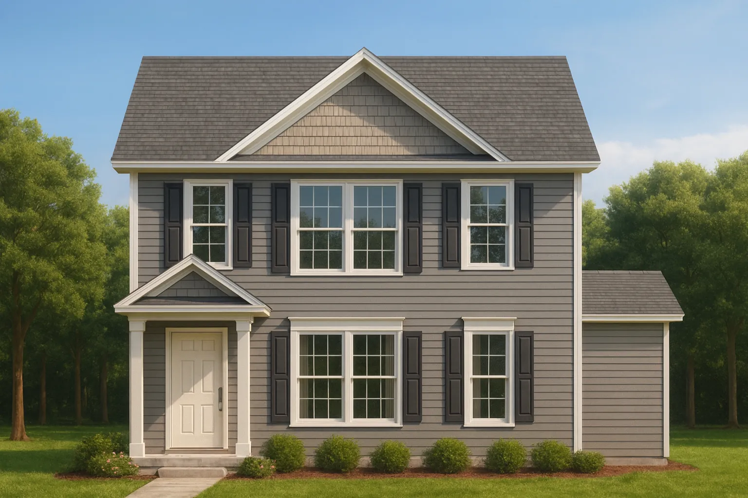 Front elevation of a Traditional Colonial style home featuring gray horizontal siding, shingle gable accent, black shutters, and a covered entry