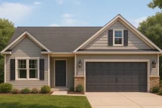 Front elevation of a Traditional Ranch style home featuring horizontal siding, shake siding gable, stone accents, and a two-car garage