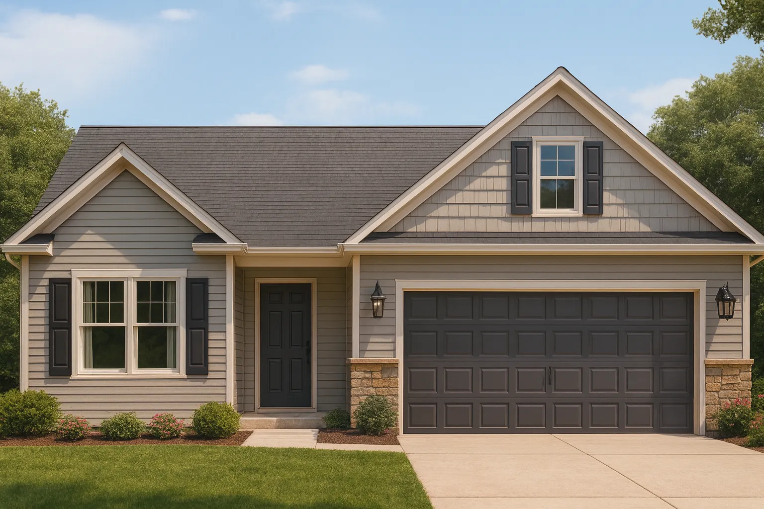 Front elevation of a Traditional Ranch style home featuring horizontal siding, shake siding gable, stone accents, and a two-car garage