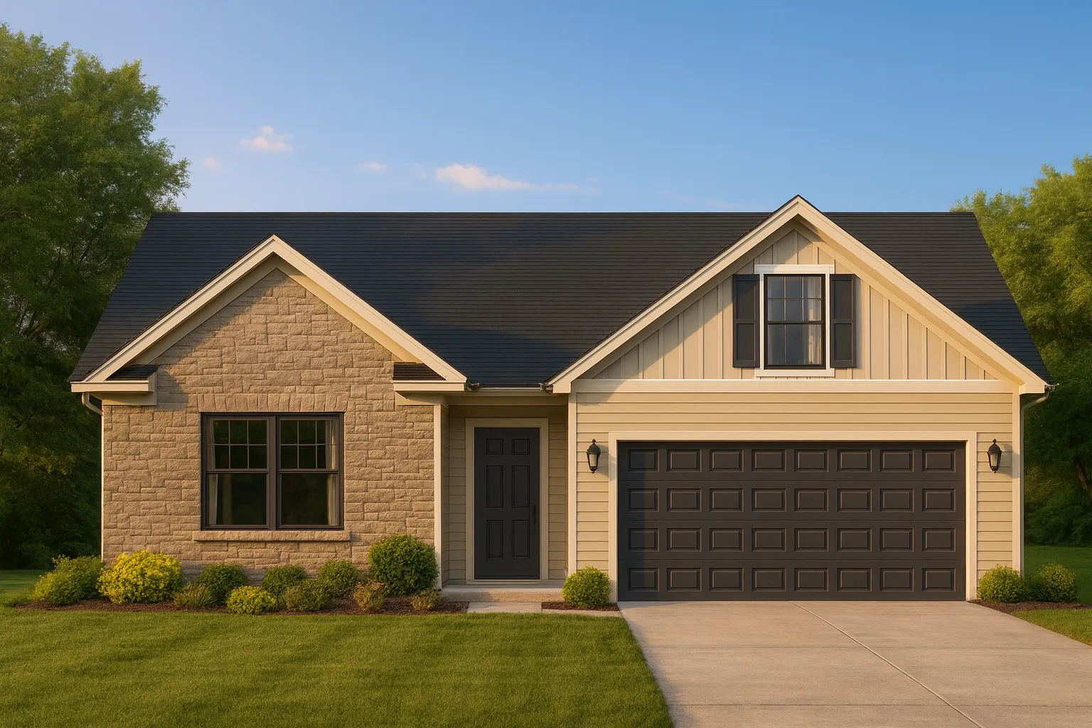 Front elevation of a Traditional Ranch style home featuring stone accents, horizontal siding, board-and-batten gable detailing, and a dark garage door