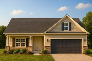 Front elevation of a Traditional Ranch style home featuring horizontal siding, stone wainscoting, shingle gable accents, and a welcoming covered porch