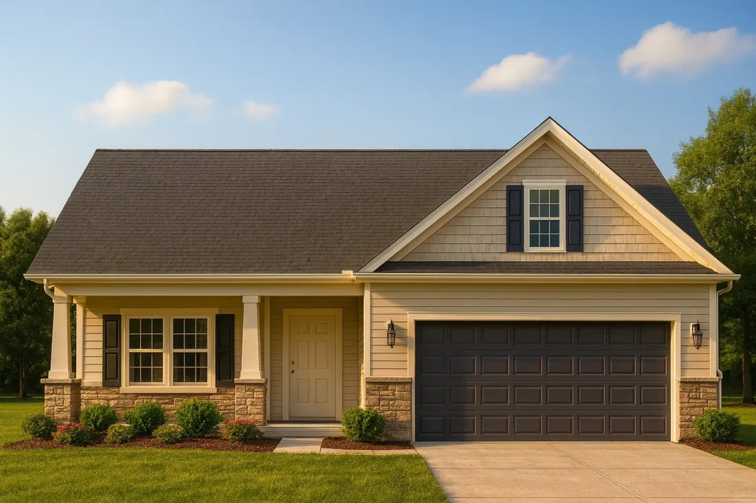 Front view of a Traditional Ranch style home featuring horizontal siding, shingle gable siding, stone accents, and a welcoming covered porch