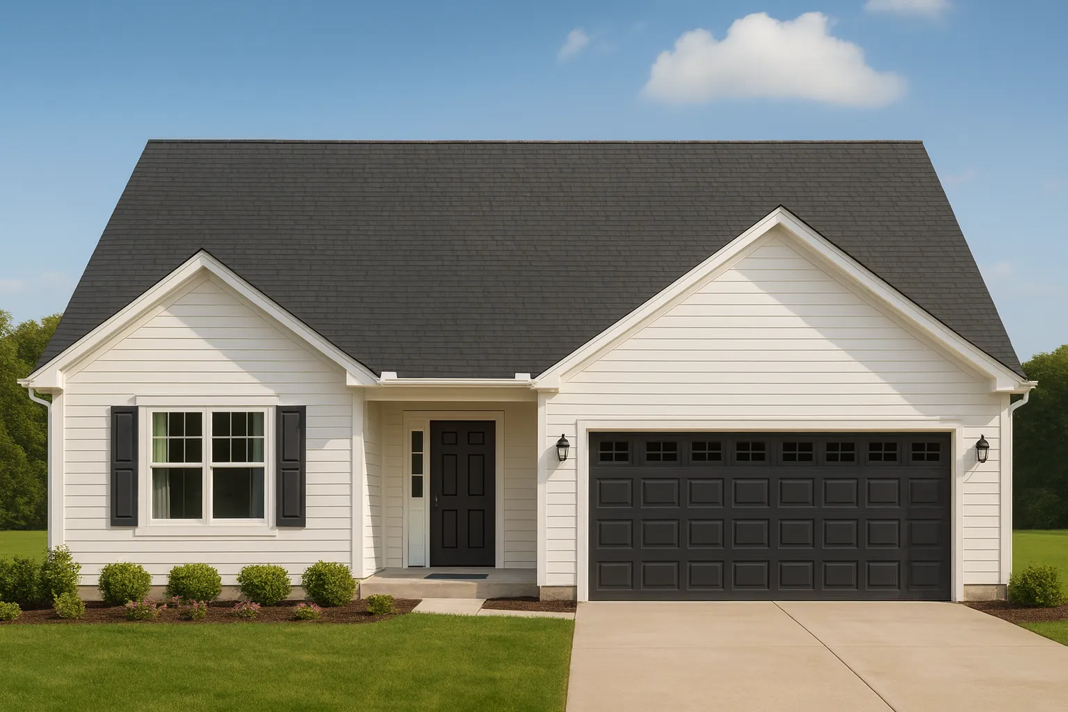 Front elevation of a Traditional Ranch style home featuring white horizontal siding, black shutters, and a matching black garage door