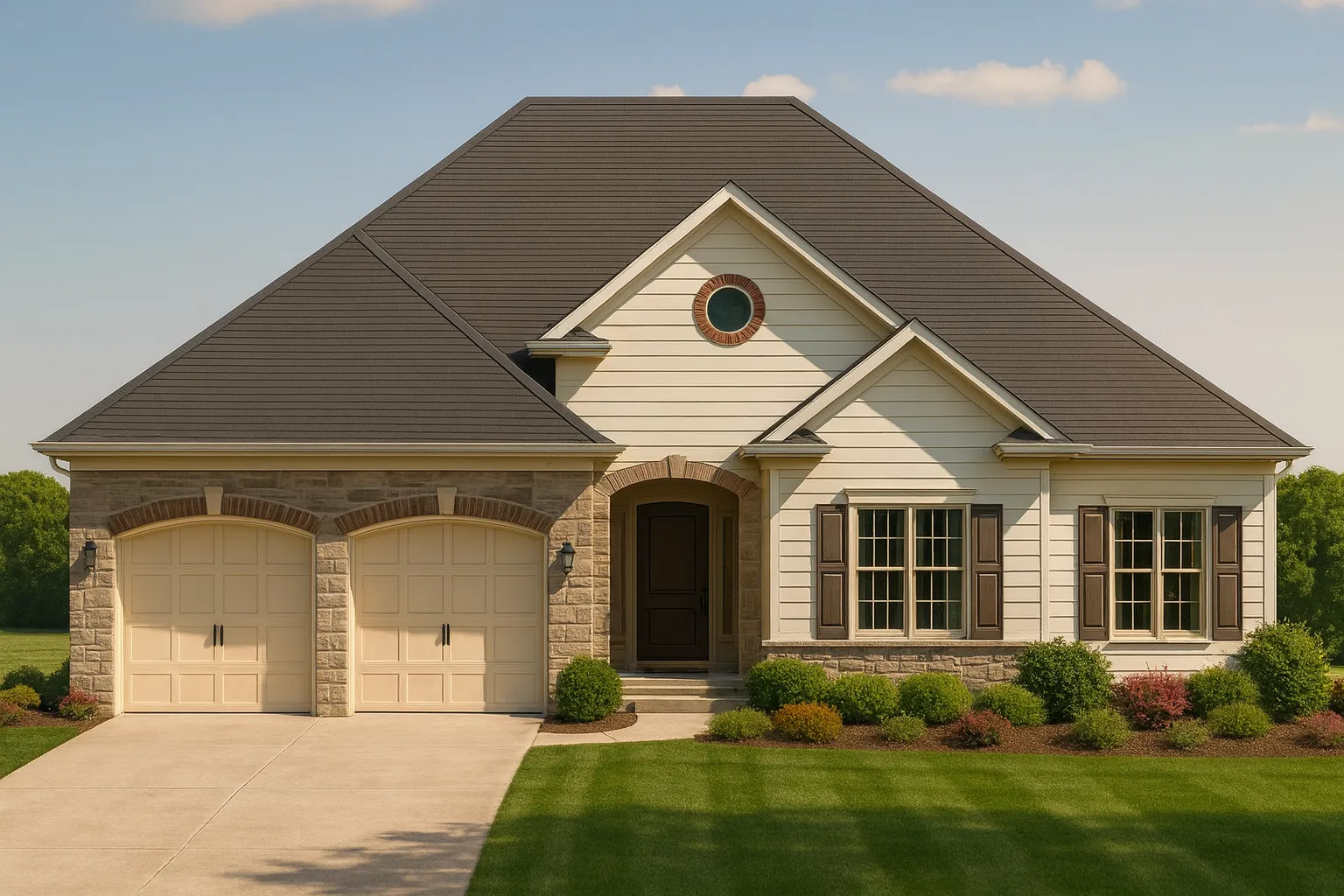 Front elevation of a Traditional Ranch home featuring New American styling with horizontal siding, stone accents, and dual-garage design