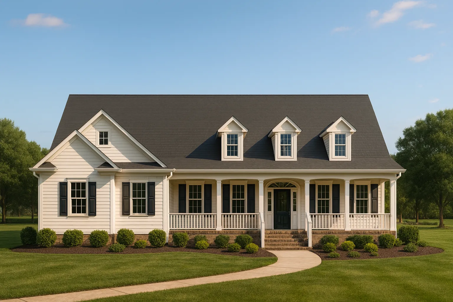 Front elevation of a Southern Farmhouse home featuring lap siding, dormer windows, and a wide covered front porch