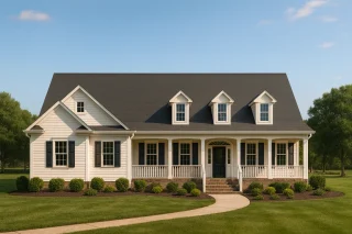 Front elevation of a Traditional Colonial and Cape Cod inspired home with lap siding, dormer windows, and a full-width covered porch