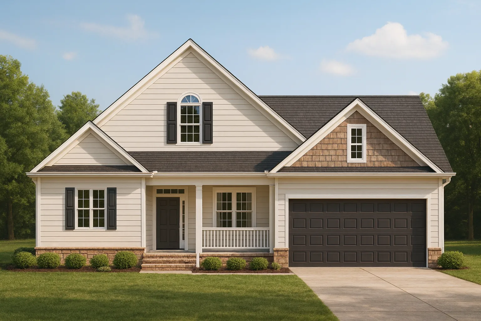 Front elevation of a New American Modern Traditional home featuring horizontal siding, shake gable accents, brick foundation trim, and a welcoming covered porch