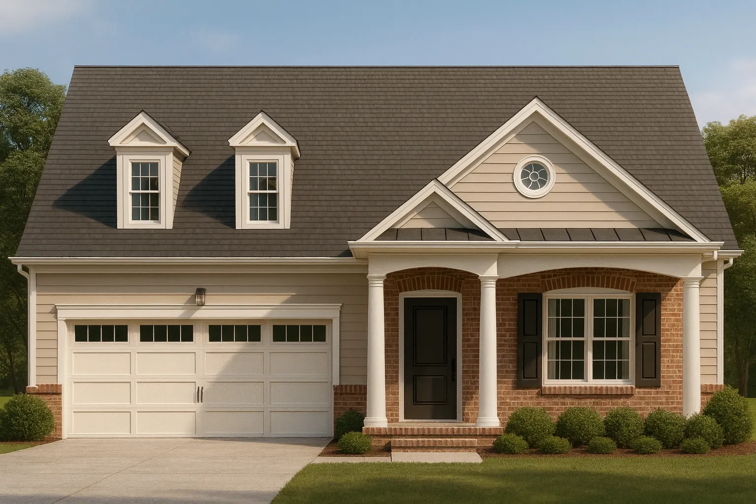 Front view of a Traditional Suburban style house featuring brick and siding exterior, dormers, and a covered porch