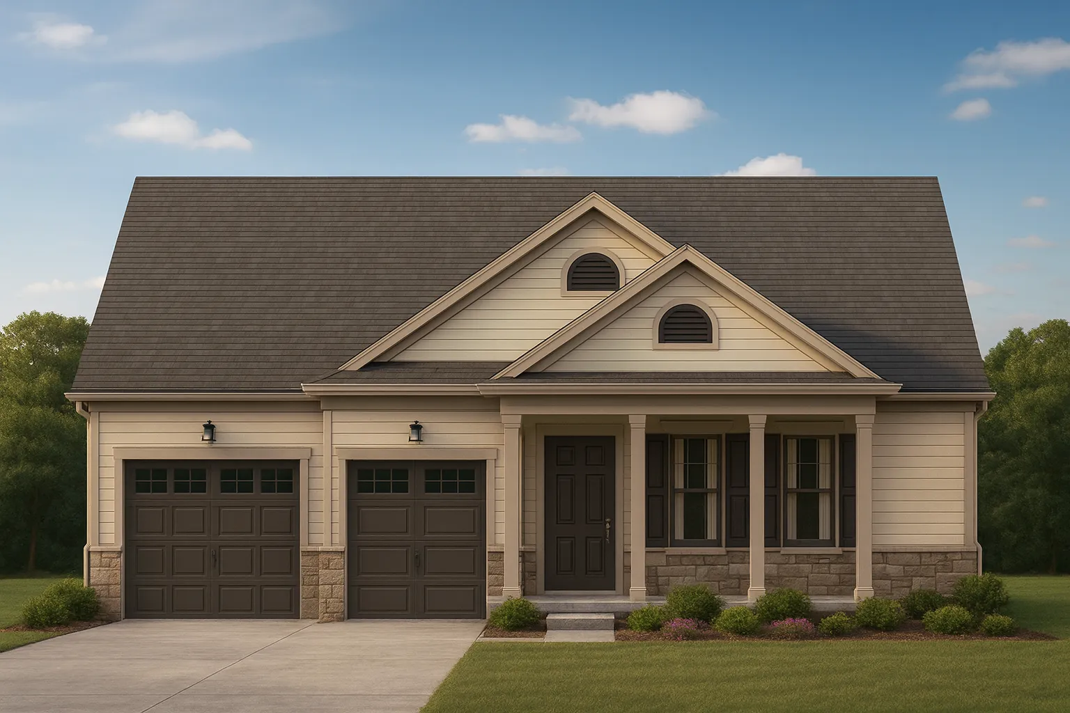 Front elevation of a Traditional Ranch style home featuring horizontal siding, stone wainscot, double garage, front porch, and gabled rooflines
