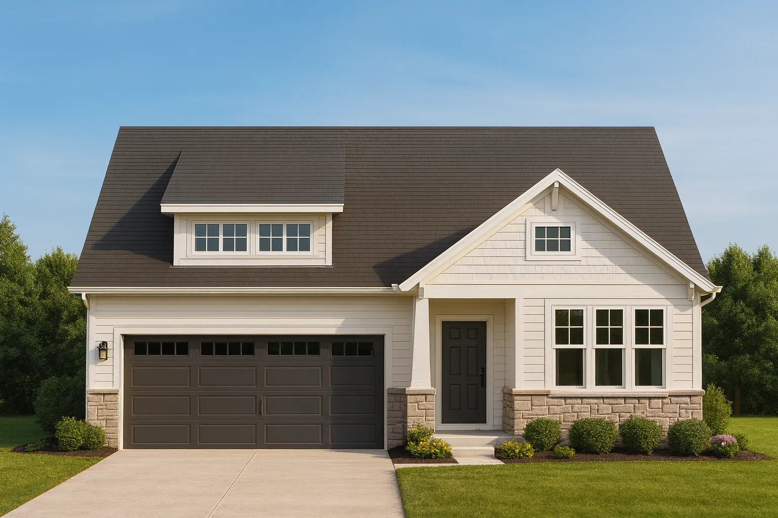 Front view of a Modern Farmhouse style suburban home featuring horizontal siding, shake gable accents, stone wainscoting, and a dark roof