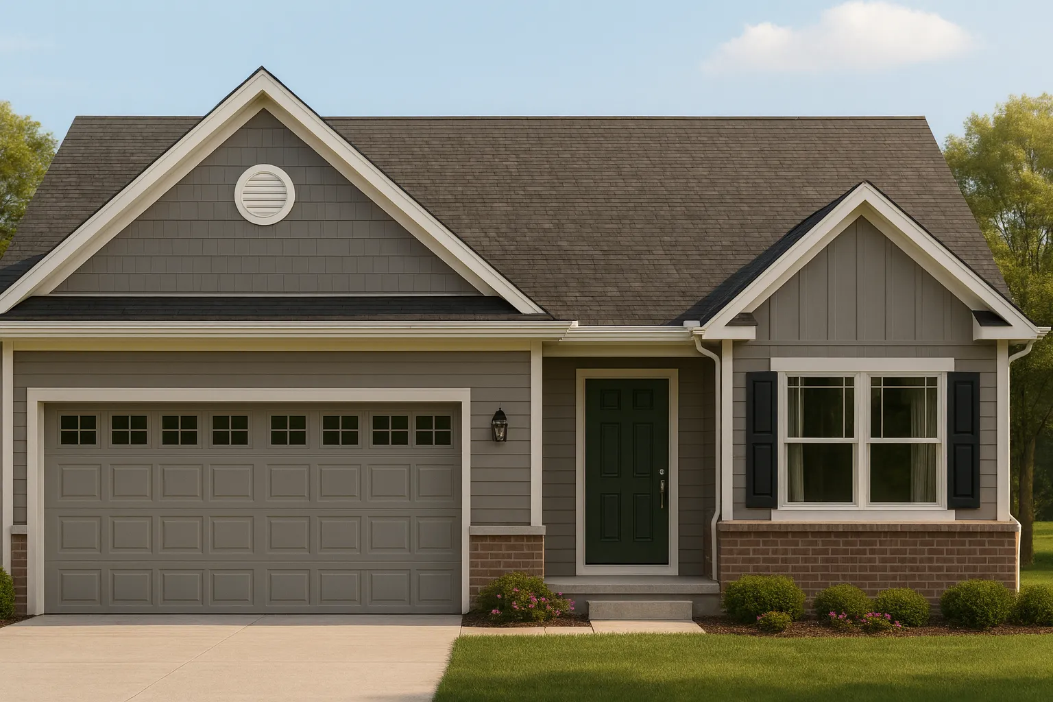 Front elevation of a Traditional Ranch style house featuring horizontal siding, board-and-batten gables, brick wainscoting, and a front-entry garage